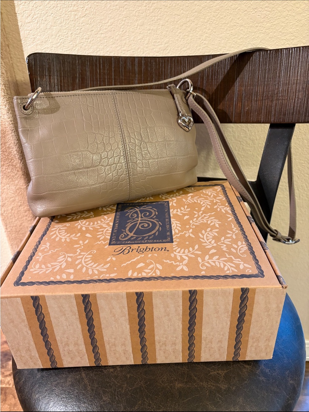 Brighton Olive Taupe Croc-Embossed Crossbody Bag